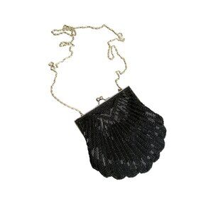 Vintage Metaphor Black Beaded Evening Clutch Bag With Silver Chain Strap
